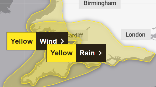 The yellow weather warning across the southeast and southwest of England from the Met Office.