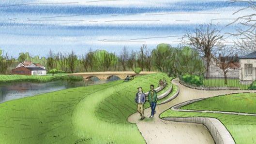 A drawing of two people walking on a path to the right of the river with a nearly head-height green bank to the left of them. Green grass is to the left of the bank with the river and a bridge in the distance.