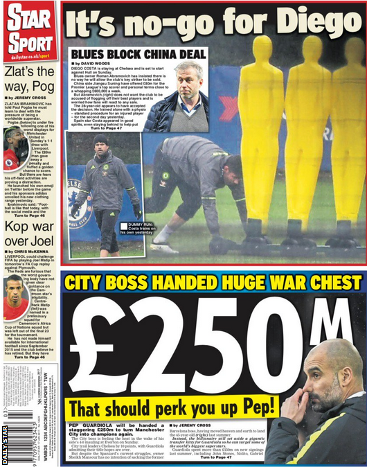 The Daily Star claims Pep Guardiola will get £250m to spend on his Manchester City squad