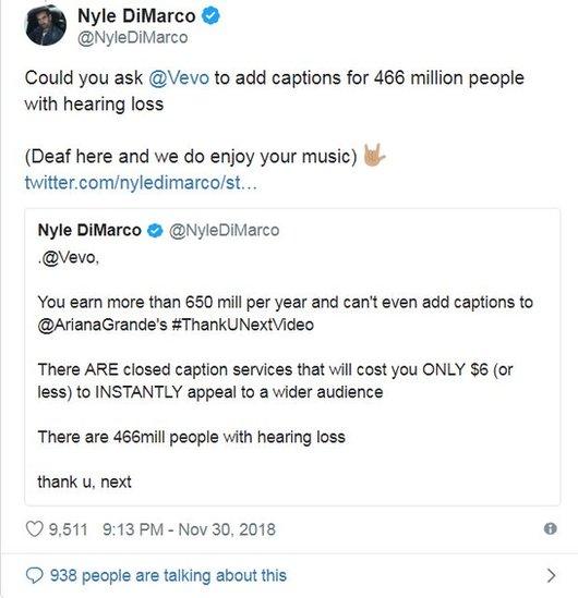 Screengrab of the tweet from Nyle DiMarco to Vevo