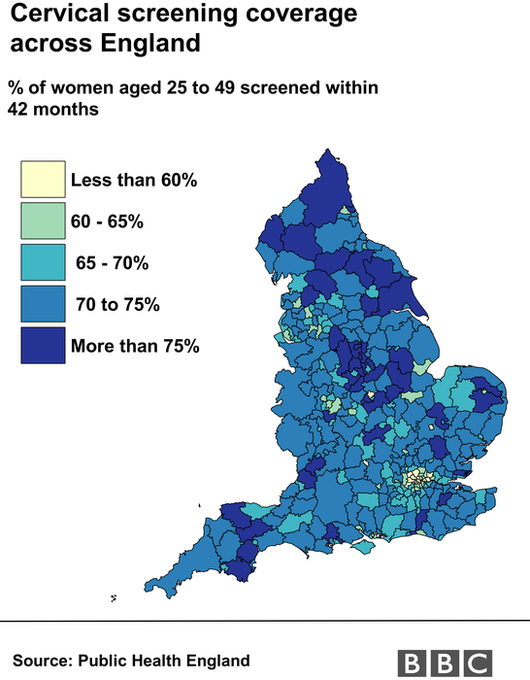 Map showing cervical screening rates across England