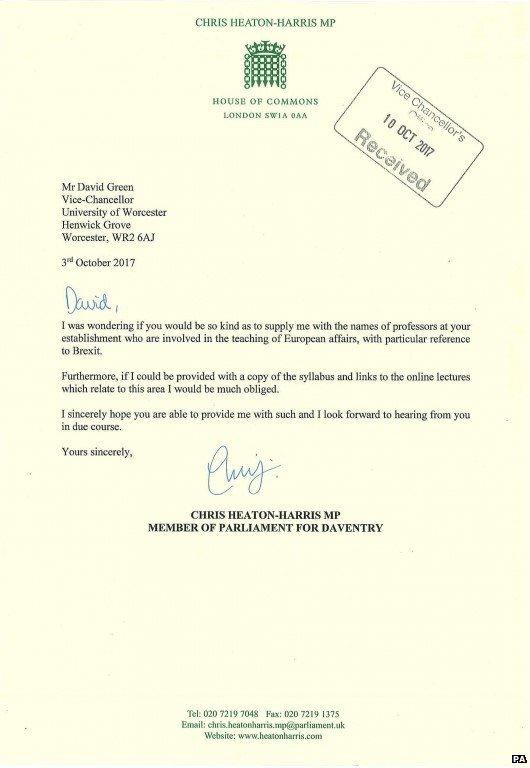 A copy of the letter sent by Mr Heaton-Harris released by the University of Worcester