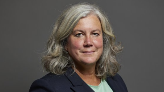 Transport Secretary Heidi Alexander wears a navy blazer and green top. She is smiling at the camera.