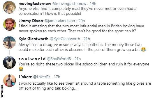 Fans on Twitter are shocked that promoters Eddie Hearn and Frank Warren have never met. One fan says it "can't be good for the sport"