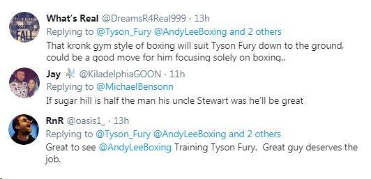 Tweets reacting to Fury's new trainer: one says Steward's style will "suit Fury down to the ground", another says he is a "great guy who deserves the job"