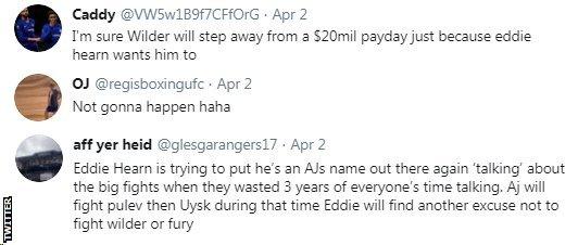 Boxing fans on Twitter discuss whether Anthony Joshua and Tyson Fury will fight each other next, with three fans saying it won't happen and one insisting Eddie Hearn will "find another excuse" for his fighter not to fight Fury.