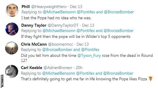 Tweets reacting to Wilder meeting the Pope: one questions if the Pope would have known who the boxer was, while another says he would be in "Wilder's top five opponents"