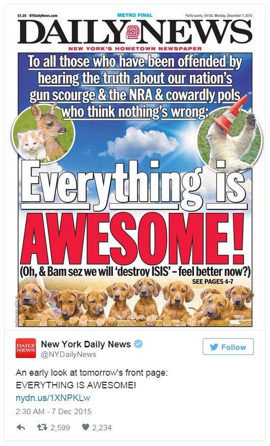 New York Daily News front page: Everything is awesome!