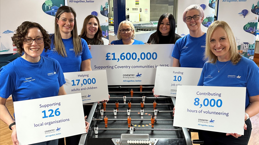 Seven women stand around a table-football game in blue T'shirts holding cards that breakdown where the money is going, how many people are being helped and an amount of volunteering hours the building society is involved in