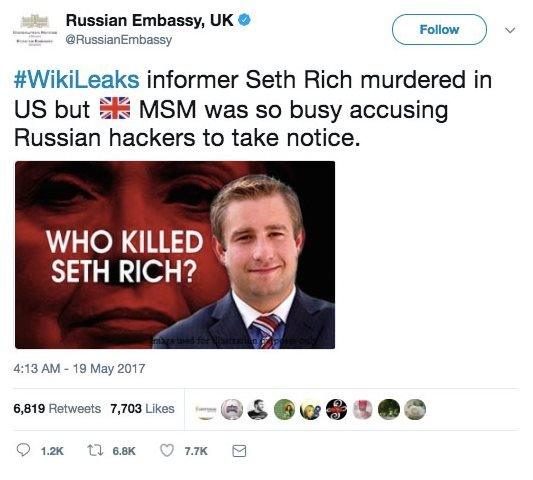 Tweet from @RussianEmbassy reads, '#WikiLeaks informer Seth Rich murdered in US but (insert emoji of Union Jack) MSM was so busy accusing Russian hackers to take notice.' Photo underneath of Seth Rich