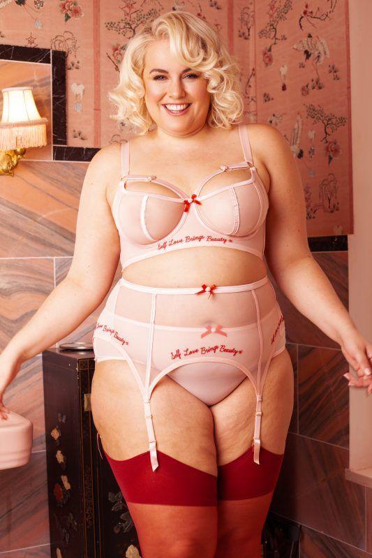 Plus-sized model Felicity Hayward poses in lingerie for a fashion shoot