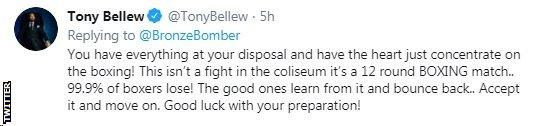 Tony Bellew responds to Deontay Wilder's video over Twitter, telling him that he can learn and bounce back from the loss.