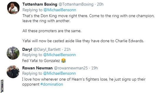 After Kal Yafai lost his WBA super flyweight title, promoter Eddie Hearn announced he has signed new champion Roman Gonzalez. Some Twitter fans have started drawing comparisons with Hearn and American promoter Don King. One user said that "whenever one of Hearn's fighters lose, he just signed up their opponent."