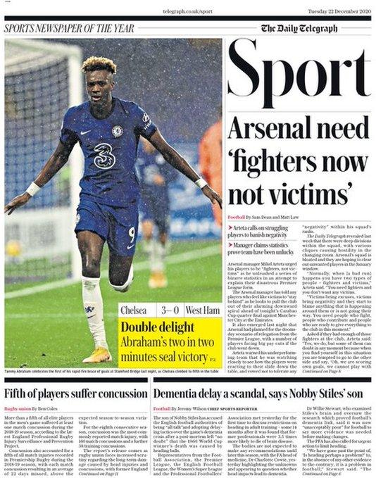 The front page of the Daily Telegraph sport section