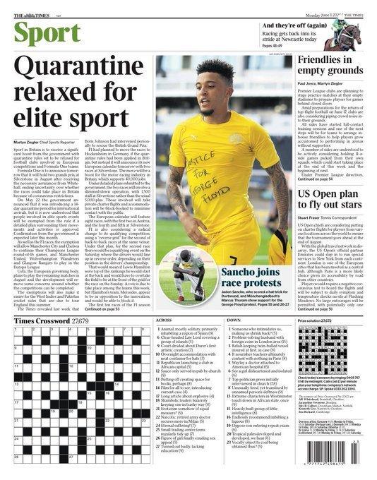 Times back page with a picture of Jadon Sancho