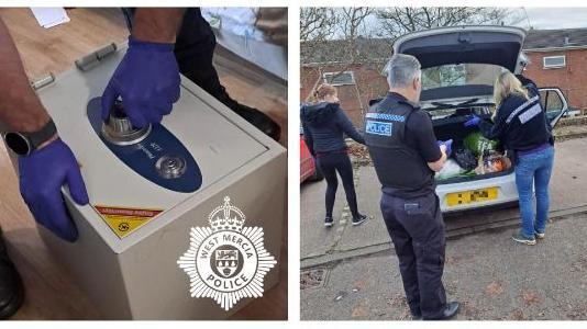 A composite image showing a pair of gloves hands holding a small safe and police officers looking in the boot of a car, which appears to be full of bags.