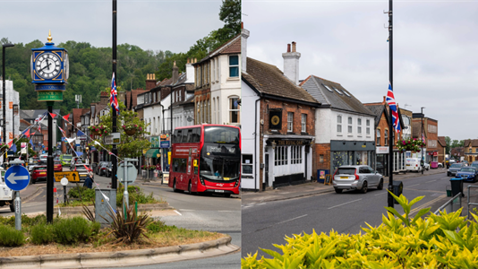 Side by side pictures of Caterham on the Hill and Caterham Valley high streets, with roundabouts, bunting, foliage and traffic.