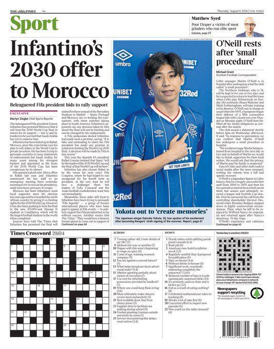 The Times back page leads on Morocco offer and Yokota to rangers