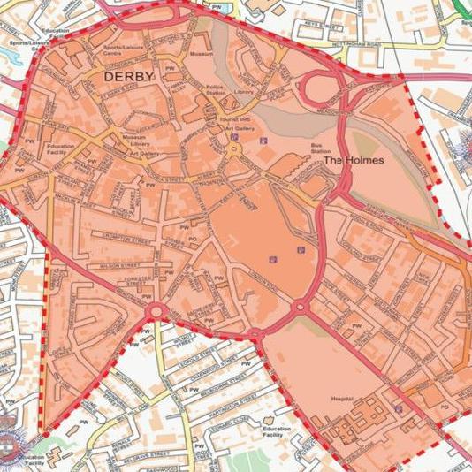 A map of a red zone overlaid on a map of the city centre, with the ring road plus parts of Normanton and Pride Park included