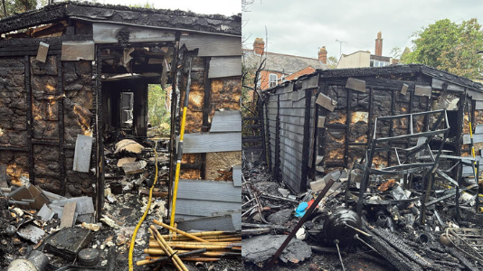 Rubble in the aftermath of the fire. A collage of two images shows the burned garden shed. A yellow hose can be seen in one of the pictures. The building looks grey and partially destroyed.