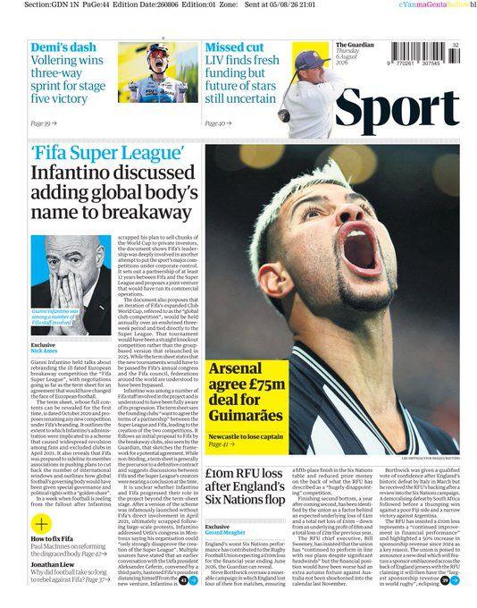 Guardian back page leads on Guimaraes and Infantino