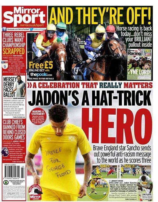 Monday's Mirror back page with pictures of horseracing and Jadon Sancho