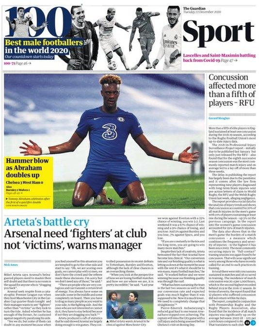 The front page of The Guardian sport section