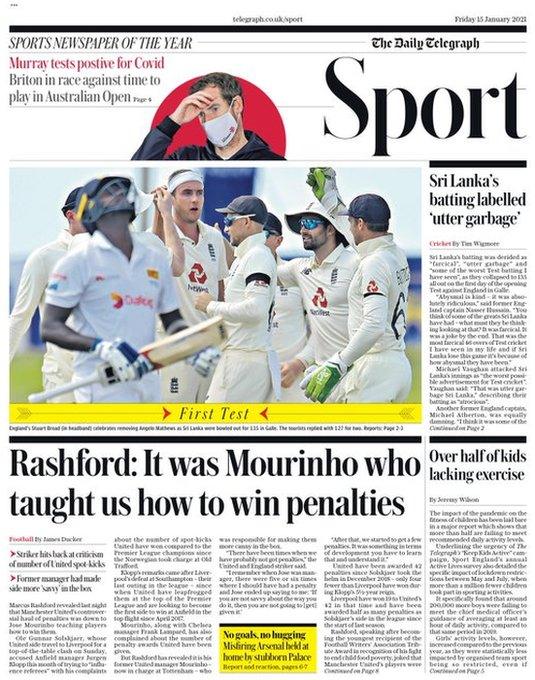 The front page of the Daily Telegraph sport section