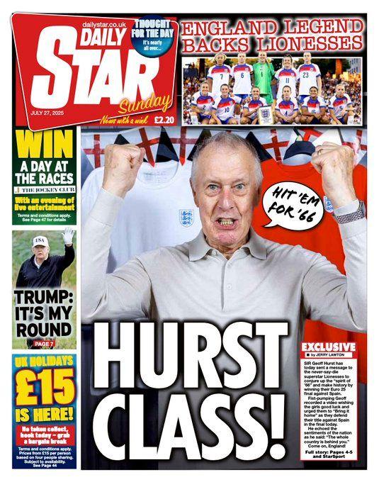 The Daily Star's front page has a picture of Sir Geoff Hurst holding up his fists, with a speech bubble that says "Hit 'em for '66". He stands in front of football merchandise. 