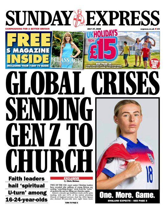 The Sunday Express front page, with the headline "Global crises sending Gen Z to church".