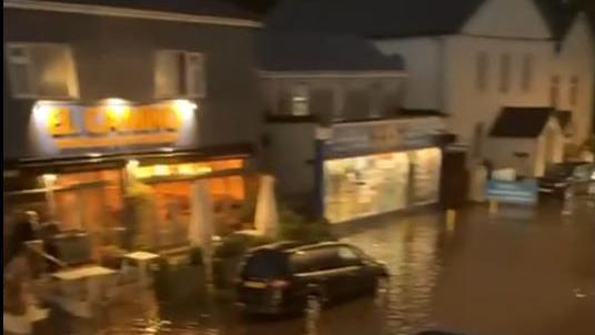 A flooded street in Whitchurch, Cardiff