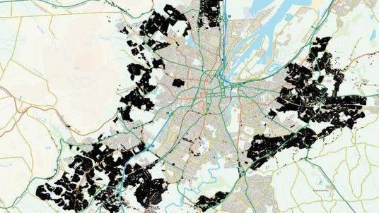 A map of Belfast showing which areas do not receieve glass collection services