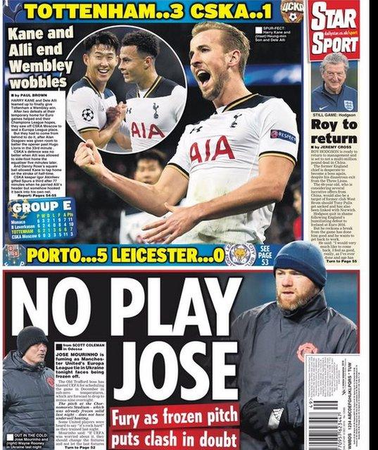 The Daily Star leads on Tottenham's Champions League win and the frozen pitch which awaited Manchester United as they trained for their Europa League fixture on Thursday