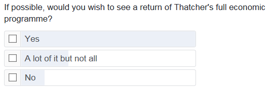 Question reads: "If possible, would you wish to see a return of Thatcher's full economic programme?