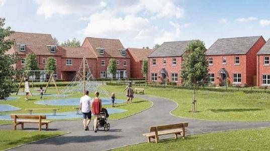 A mock-up image of what Mountby would look like. It shows a couple with a pram walking through a playground with benches, green space and trees surrounded by red-brick homes. 