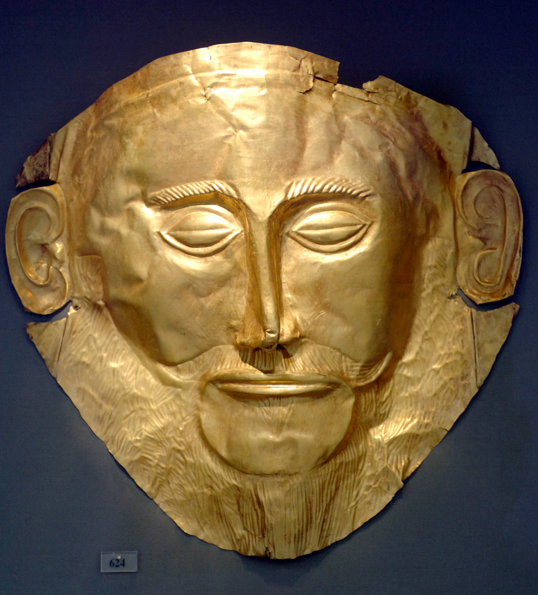 A gold mask of Agamemnon. In Greek mythology, King of Mycenae