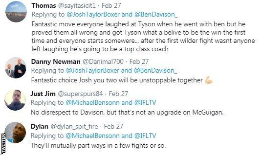 Twitter reaction to Josh Taylor linking up with trainer Ben Davison. The response has been mixed - one user has said the two will "be unstoppable together" while another says "they will part ways in a few fights."