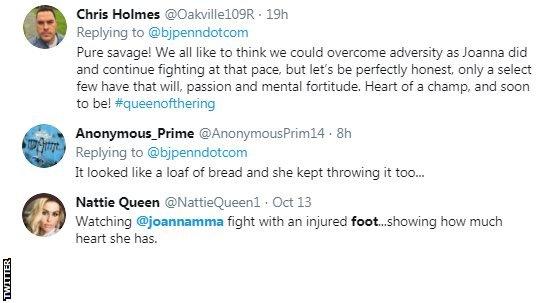 Twitter reaction to Joanna Jedrzejczyk winning with a broken foot