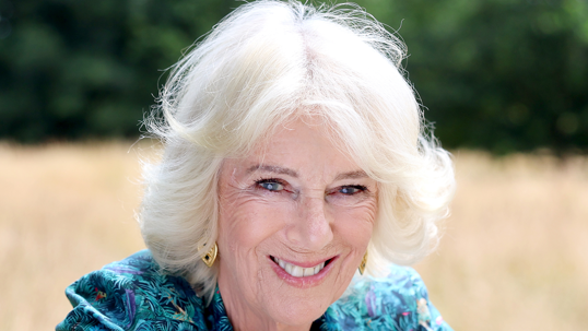 Shows Queen Camilla with fair hair, smiling, wearing golden earrings and wearing a blue and purple dress