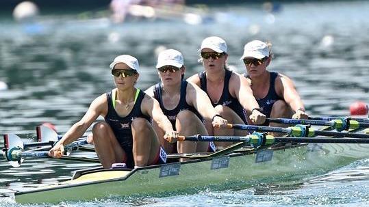 Imogen Grant, Finn Stratton, Hannah Scott and Lola Anderson took gold in the women’s quad sculls