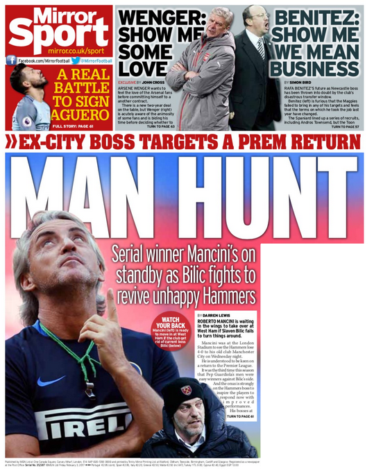 The Daily Mirror leads on Roberto Mancini being ready to take over at West Ham