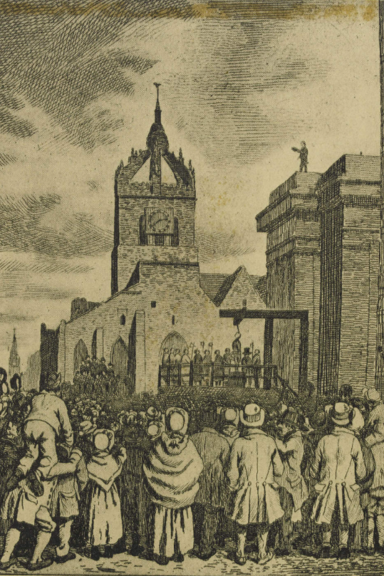 A black and white drawing of a crowd of people watching an execution. St Giles Cathedral is in the background.