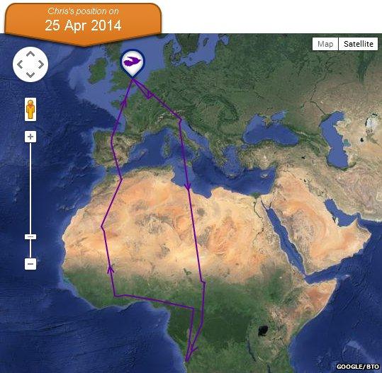 Map of Chris the cuckoo's 2013-14 migration route