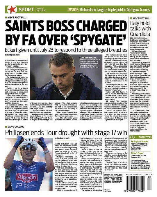 Back page of the Morning Star for 23rd July, headline: 'Saints boss charged by FA over 'spygate'' and photo of Tonda Eckert
