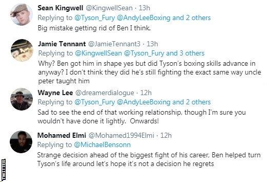 Tweets reacting to Fury's split with his trainer: one calls it a "big mistake", another describing it as a "strange decision ahead of the biggest fight of his career"