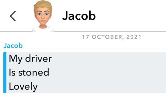 A screenshot of a four-line  text message that says "Jacob; My driver; Is stoned; Lovely"