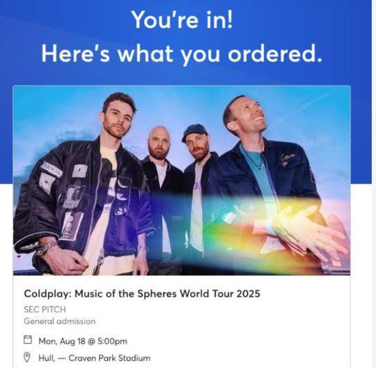 A screengrab showing an order confirmation for Coldplay tickets