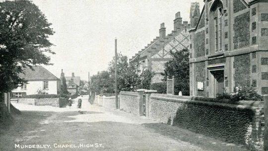 A black and white photograph on the front of a post card on the High Street in Mundesley which shows the Chapel.