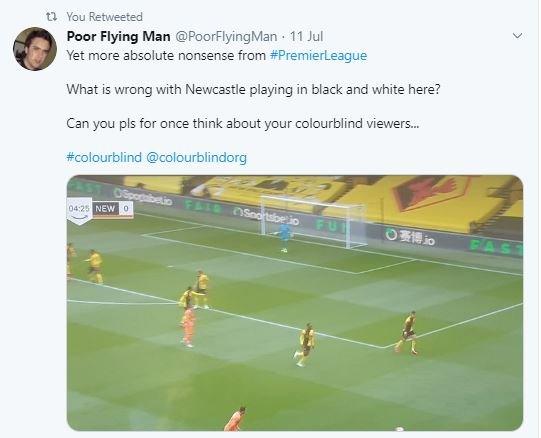 A Twitter user says it is "absolute nonsense" that Newcastle are playing in orange against Watford, who are playing in yellow.. "Can you please for once think about your colour blind viewers?" he asks.