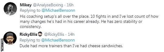 A screengrab of two tweets reacting to Joyce's change of trainer - one says he has "zero stability" and the other jokes about the boxer having had more trainers than he has had "cheese sandwiches"